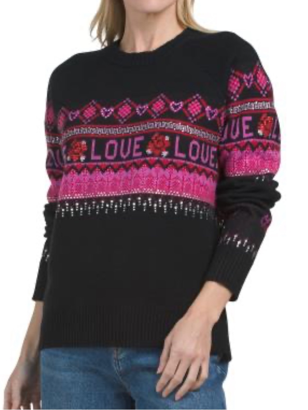 Johnny Was Black & Pink 'LOVE' Fairisle Pullover Wool and Cashmere Sweater